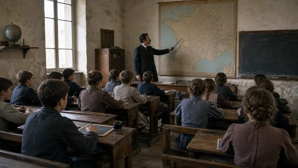 historically accurate 1882 French primary classroom, girls and boys writing on slate boards, teacher standing beside a wall map, editorial photography, no visible text or logo