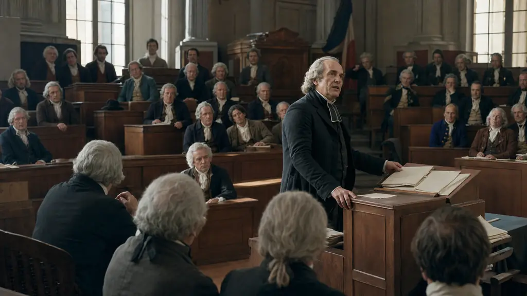 historical reenactment of Abbé Grégoire presenting a report at the 1794 National Convention, delegates seated around him, handwritten papers on a wooden lectern, editorial photography, no visible text or logo