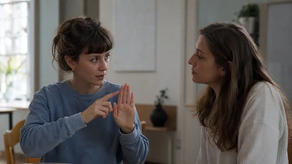 Editorial photograph of two adult learners practicing French Sign Language face to face, one carefully positioning fingers in the signing space while the other observes hand orientation and facial expression, no text, no logo