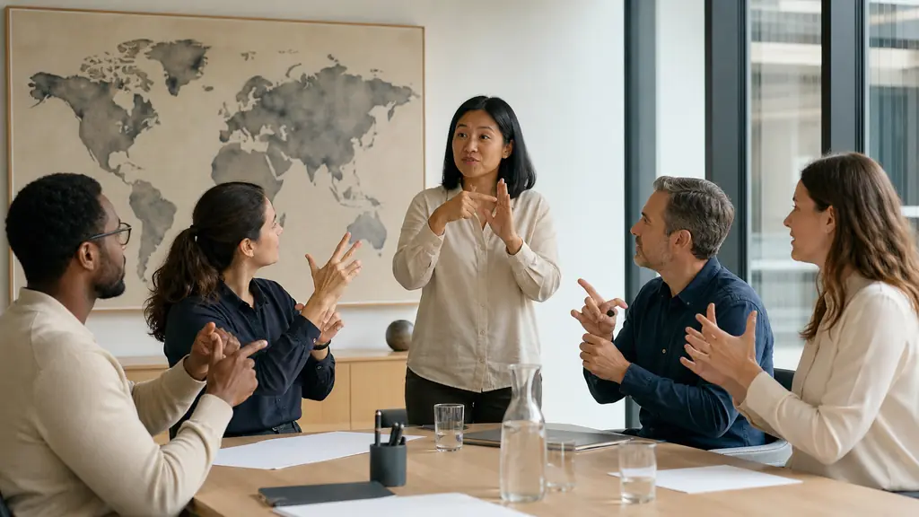 Editorial photograph of deaf participants from different countries communicating with International Signs during an international meeting, using shared visual context and expressive gestures, no text, no logo