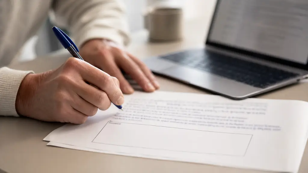 close-up editorial photograph of a person copying a required handwritten surety statement with a blue pen onto a guarantee form, an unsigned signature box visible below and a laptop displaying a blurred legal reference beside it, no readable text, no logo