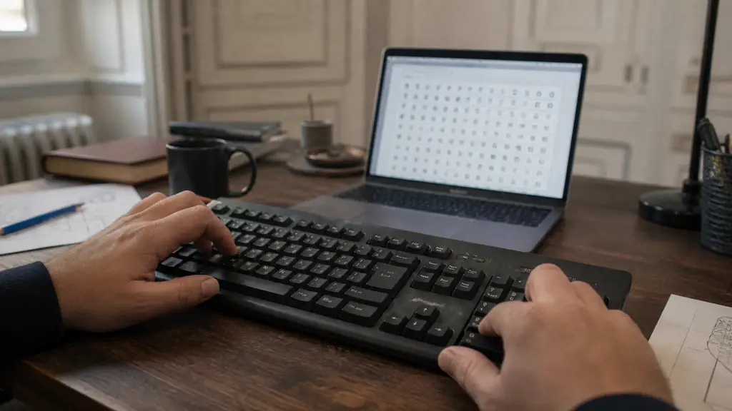 Editorial close-up photograph of hands pressing the Alt key and numeric keypad on a desktop keyboard, with a Mac laptop and its character palette visible nearby, no readable text or logos