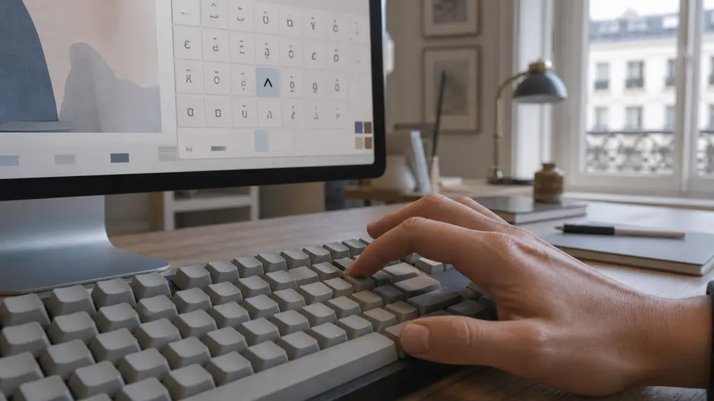 Editorial close-up photograph of a hand composing a circumflex capital on an AZERTY keyboard, with a numeric keypad and an open character palette visible nearby, no readable text or logos