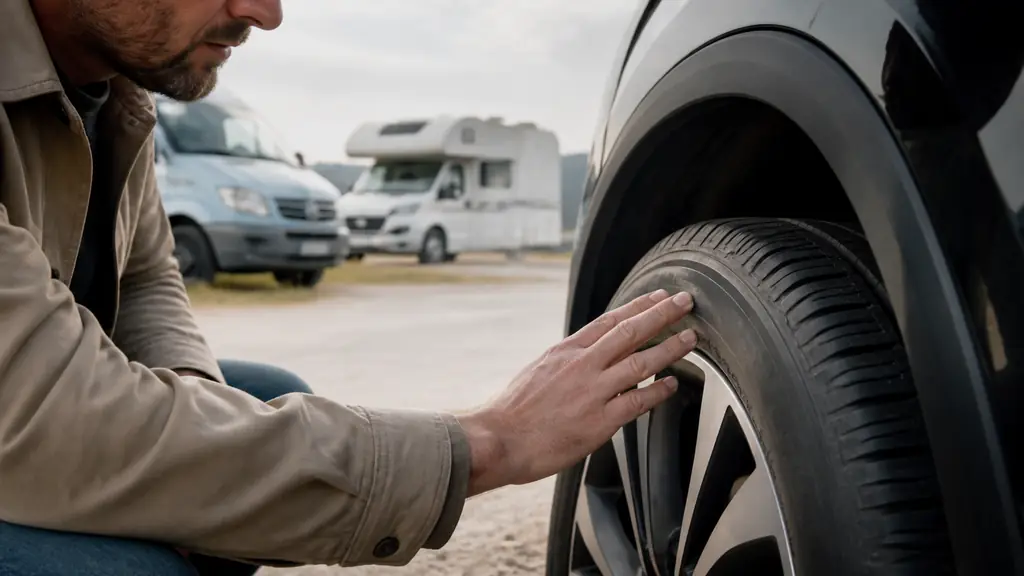 Close-up editorial photograph of a driver checking tire dimensions and load index on a tire sidewall beside an SUV, with a utility van and a motorhome softly visible in the background, no text, no logo
