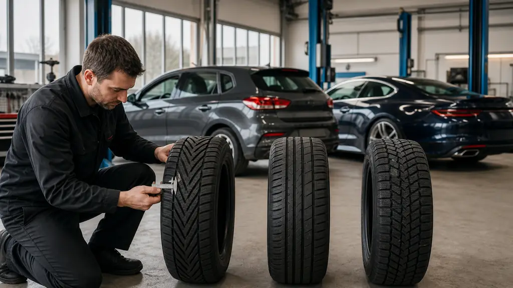 Editorial photograph of three all-season tires with visibly different tread patterns displayed beside a family hatchback and a sporty coupe, while a technician checks sidewall dimensions, no text, no logo