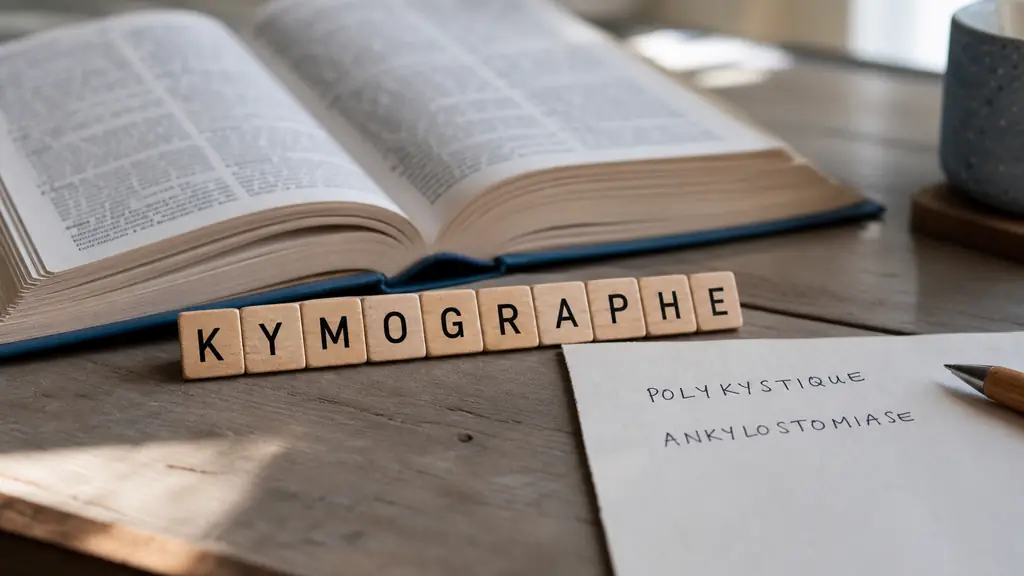 Close-up editorial photograph of Scrabble tiles forming KYMOGRAPHE beside a handwritten list containing POLYKYSTIQUE and ANKYLOSTOMIASE, with a French dictionary open in the background, no visible logos or printed branding