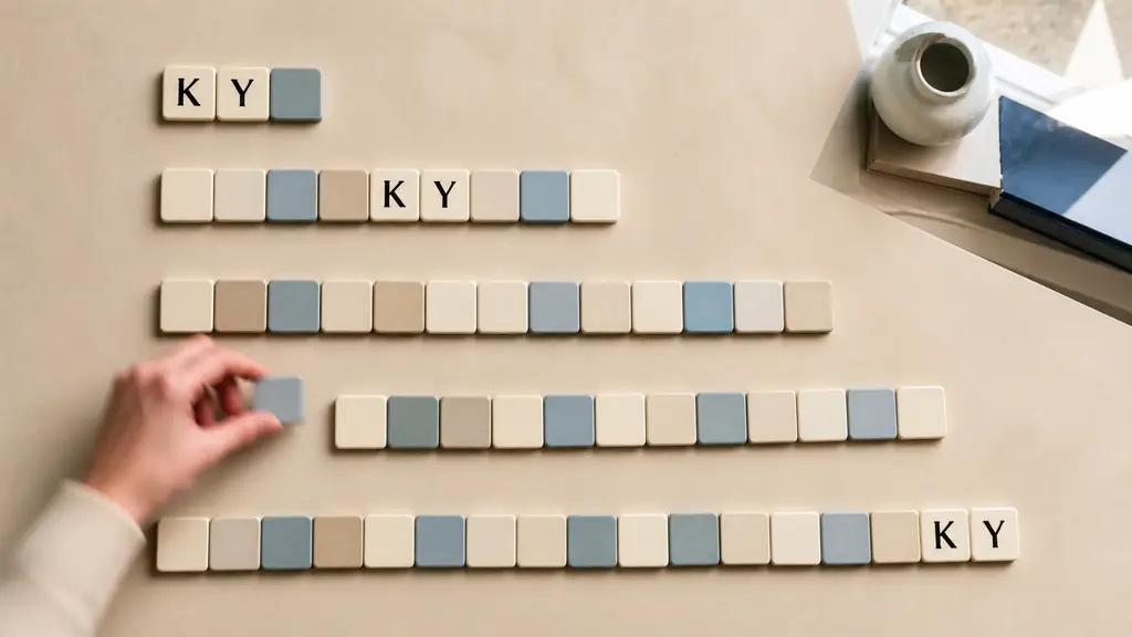 Overhead editorial photograph of letter tiles sorted into several rows of increasing length, with the K and Y tiles placed together at the beginning, middle, and end of different rows, a hand moving one tile, no text or logo