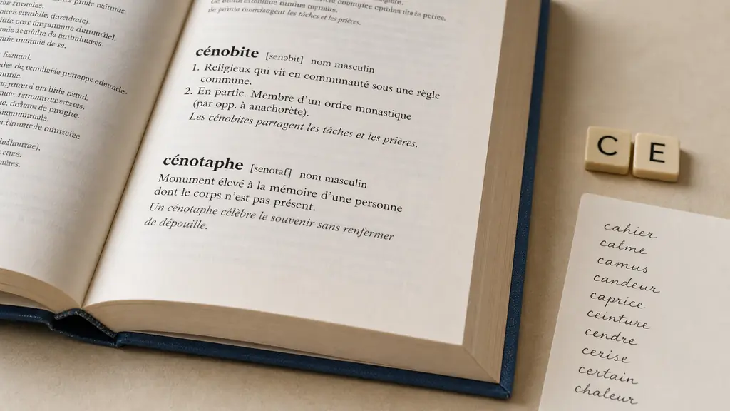 Close-up editorial photograph of an open French dictionary showing the entries cénobite and cénotaphe, beside letter tiles spelling CE and a handwritten alphabetical word list, no visible logos