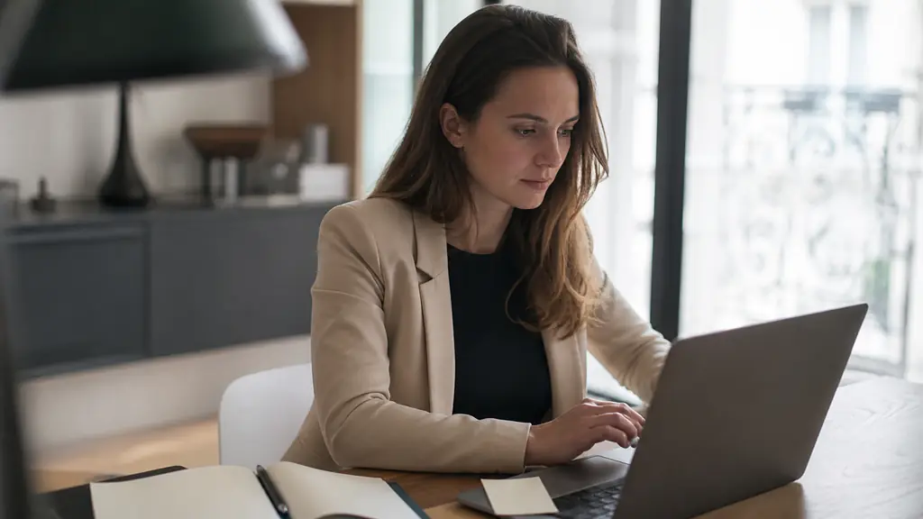 a professional woman at an office desk reviewing an email on her laptop before sending it, with a contact card and an open notebook beside the keyboard, no visible text or logos