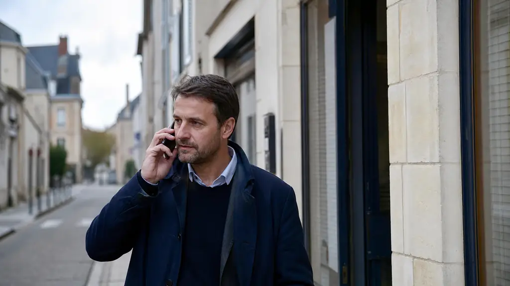 person making a phone call outside a local newspaper office on rue Marché au Blé in La Flèche, smartphone in hand, French town-center streetscape, editorial photography, no visible text or logo