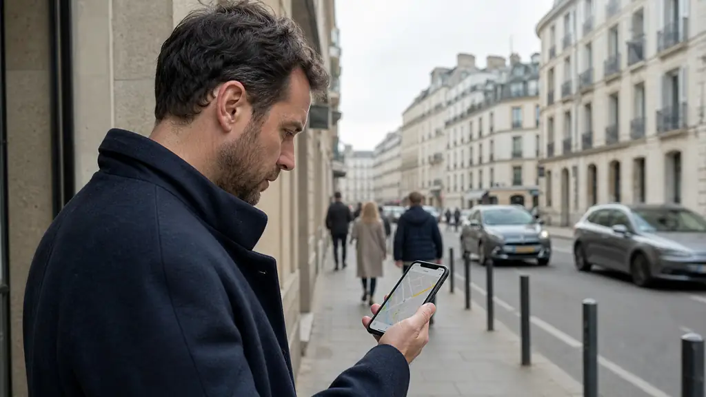 person checking a GPS route on a smartphone outside 15 avenue Jean Jaurès in Saint-Malo during weekday office hours, editorial photography, no visible text or logo
