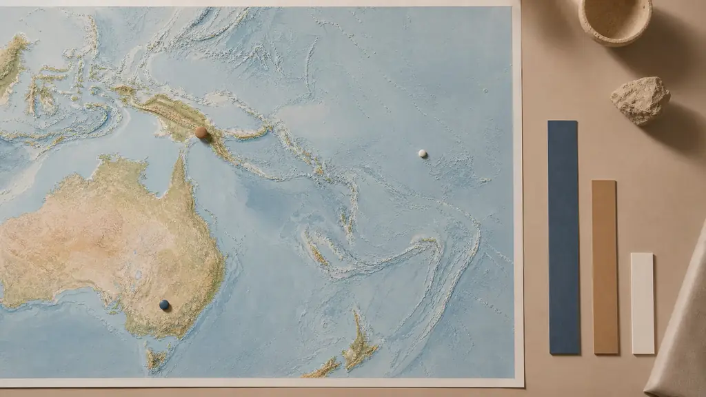 overhead editorial photograph of a Pacific map with colored markers on Australia, Papua New Guinea and Tuvalu, beside a ruler comparing their land areas, no text, no logo
