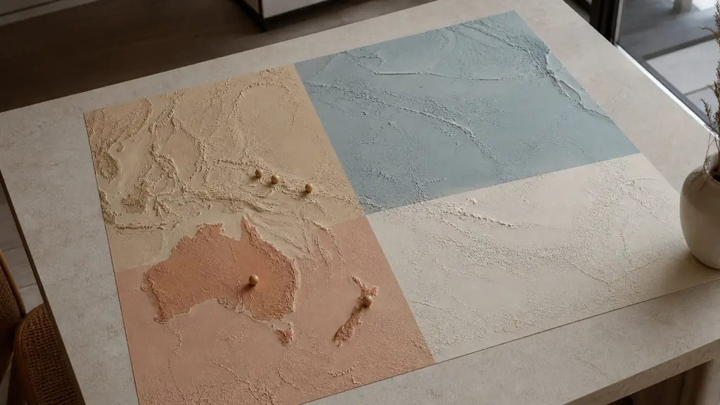 editorial photograph of a Pacific map divided into four colored geographic areas, with wooden markers placed on Australia, New Zealand and the Melanesian island chain, no text, no logo