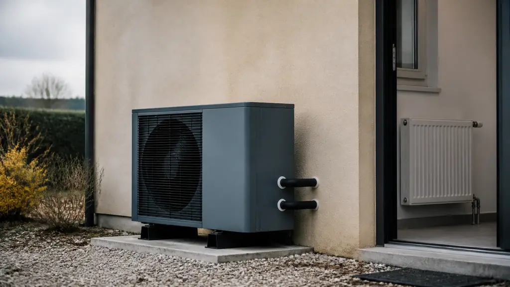 Editorial photograph of an outdoor monobloc air-to-water heat pump beside a house, with two insulated hydraulic pipes entering the wall and a low-temperature radiator visible through an open utility-room doorway, no text, no logo