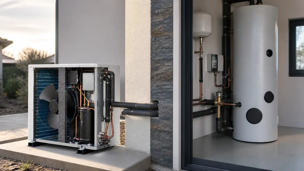 Editorial cutaway photograph of an outdoor monobloc heat pump showing the evaporator and compressor, with insulated hydraulic pipes leading indoors to a three-way valve and a domestic hot water tank, no text, no logo