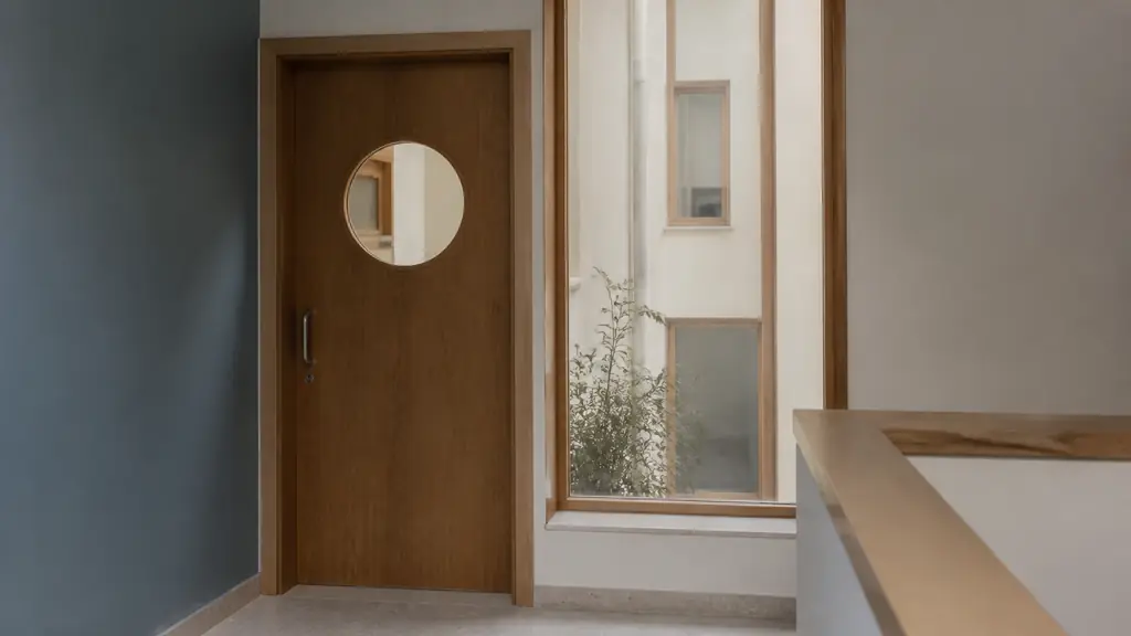 editorial photograph of a wooden interior door with a round glazed oculus set into the door leaf, beside a fixed rectangular glazed frame in the wall, soft daylight entering a corridor, no text, no logo