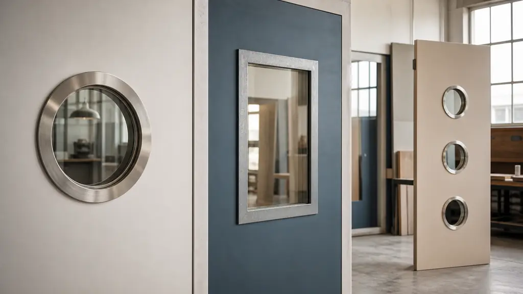 editorial photograph of a workshop display featuring a round fixed door oculus with a stainless steel 304 L frame, a rectangular glazed oculus with a galvanized steel frame, and a door leaf fitted with three small decorative oculi, no text, no logo