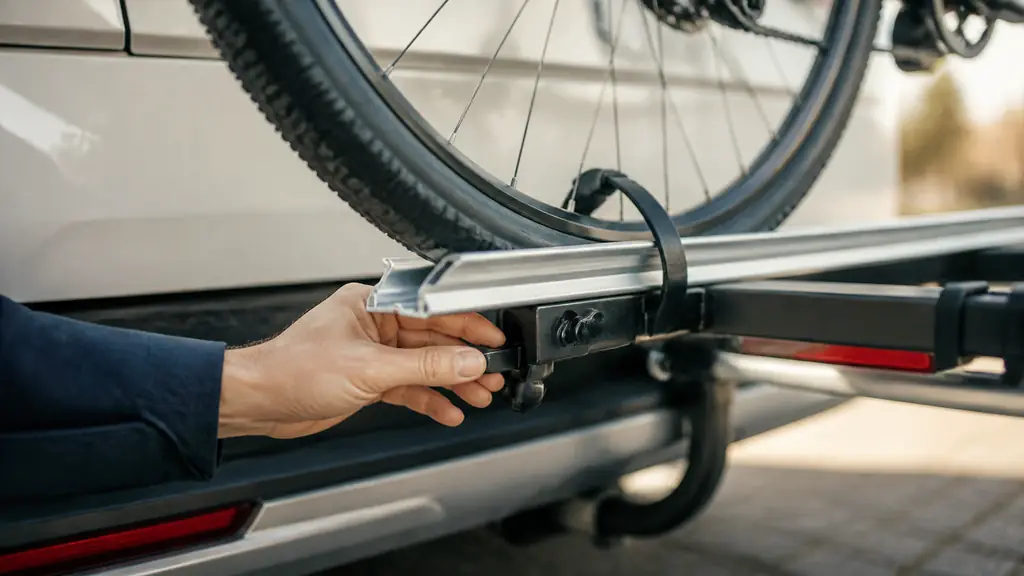 Close-up editorial photograph of a bicycle wheel centered in an adjustable Peruzzo wheel support rail on a tow-ball bike rack, with a hand checking the sliding mechanism and visible fixation point, no text, no logo