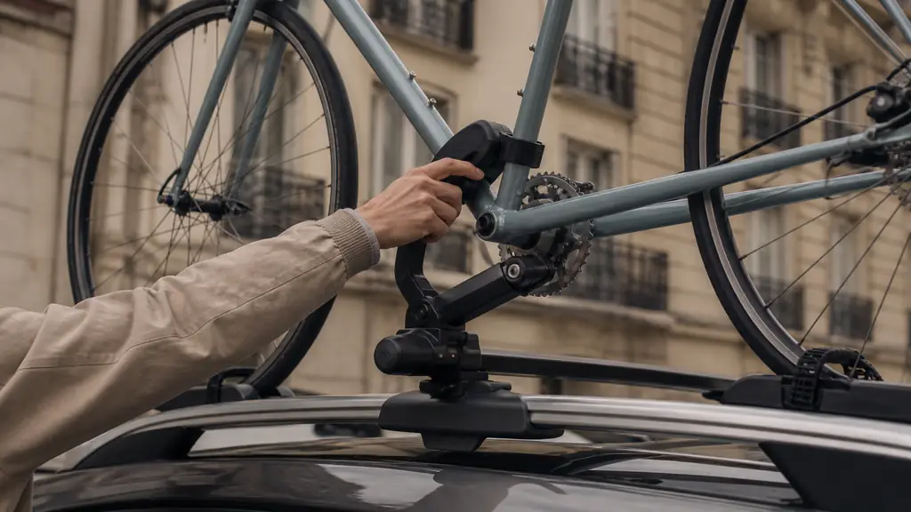 Editorial photograph of a rooftop Pure Instinct Peruzzo bike rack, with a hand rotating the frame clamp head while the bicycle wheels sit centered in the roof rails, no text, no logo