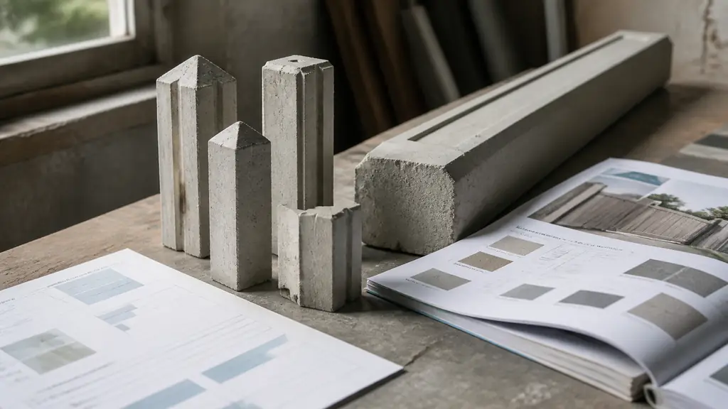 close-up photograph of concrete fence posts beside a printed building estimate and a hardware catalog on a contractor's workbench, no visible text or logos