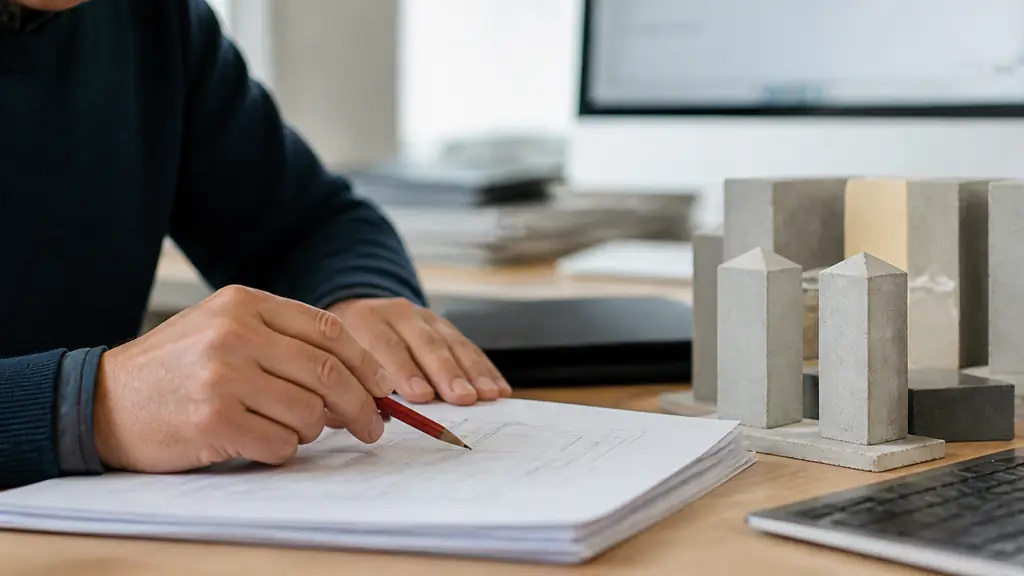 editorial close-up photograph of a procurement employee proofreading a supplier quotation with a red pencil beside concrete post samples and a laptop keyboard, screen out of focus, no visible text or logos