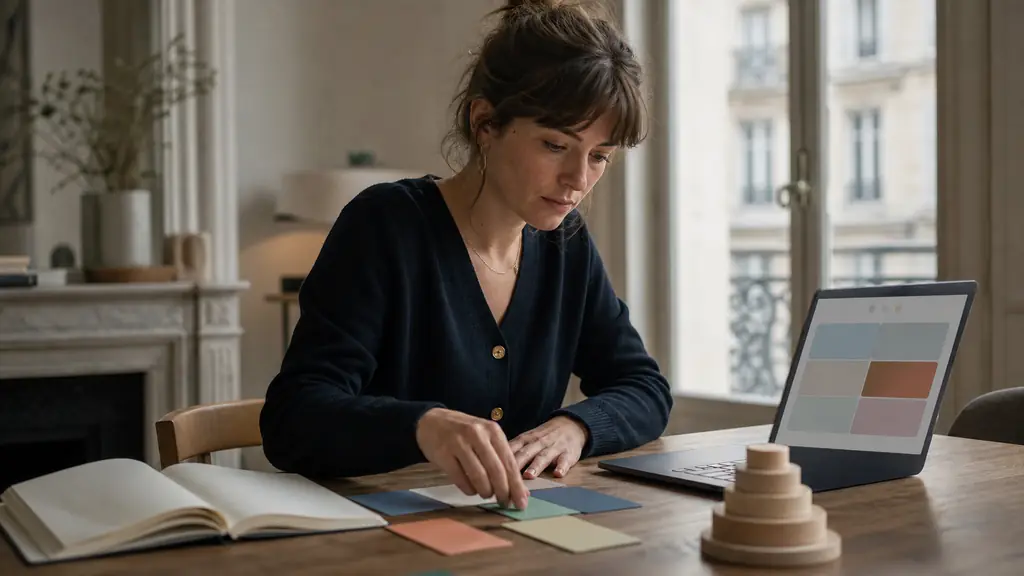Editorial photograph of a professional woman completing a French grammar quiz on a laptop, selecting colored answer cards beside a notebook, with stacked progress markers on the desk, no visible text or logo