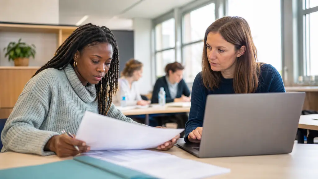 Editorial photograph of a French training room where a job seeker reviews a CV beside a grammar exercise, while a trainer checks student progress on a laptop, no visible text or logo