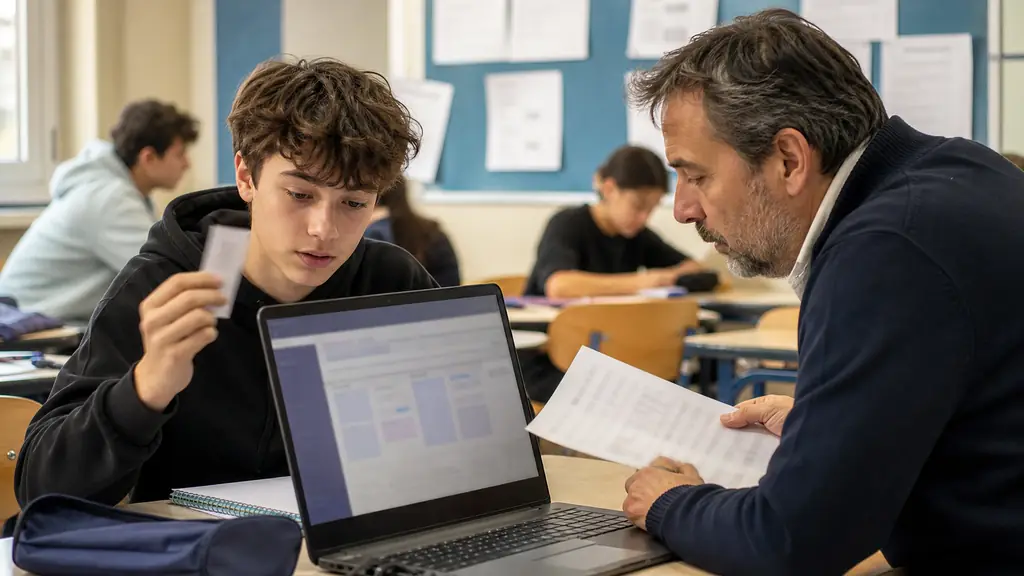 A student at a laptop opening a school digital workspace while holding a handwritten access code, with a teacher checking a class roster beside them, editorial photography, no visible text or logos