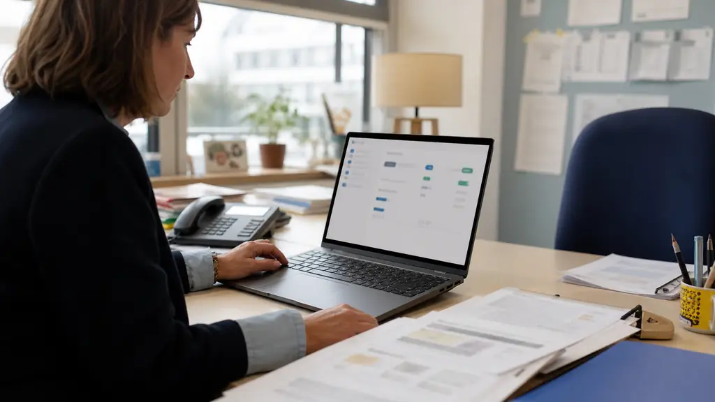 A school administrator using a laptop to review a connector settings screen, with a printed class roster and student records beside the keyboard, editorial photography, no visible text or logos