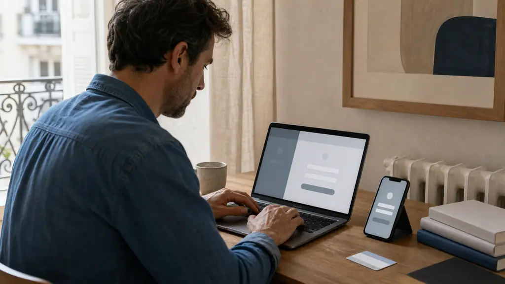 Adult learner entering credentials on a laptop browser beside a smartphone showing a mobile login screen and a small access-code card, modern home office, no visible text or logos