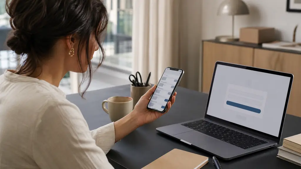 Adult learner installing a mobile learning app from an app store on a smartphone beside an open laptop displaying a login form, modern office desk, no visible text or logos