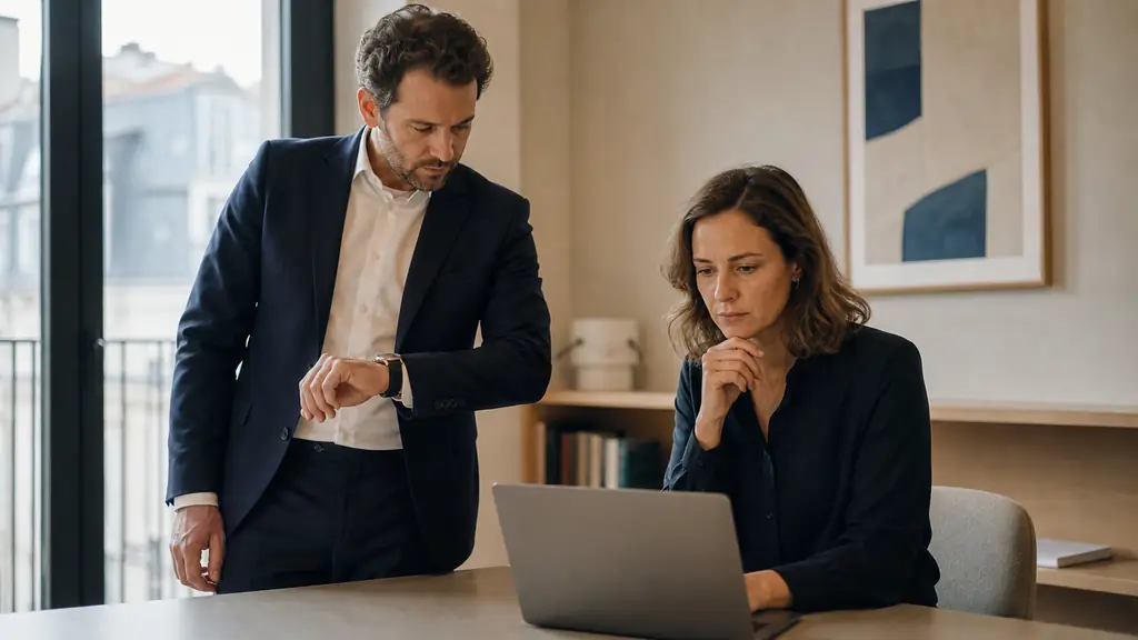 Editorial photograph of two colleagues beside a laptop, one checking the time before a client call while the other reviews a professional email, modern office, no visible text or logos
