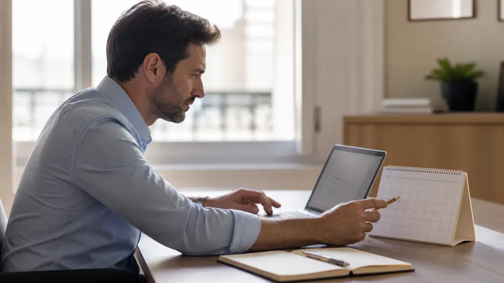 Editorial photograph of an office worker checking a desk calendar while drafting a client meeting email on a laptop, with a notebook and pen beside the keyboard, no visible text or logos
