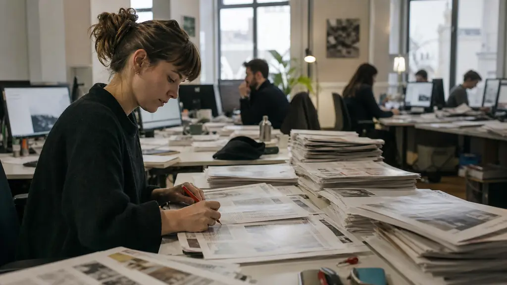 editorial newsroom with journalists working at desks, an editor correcting printed proofs with a red pencil, stacks of newspaper pages, no visible text or logos