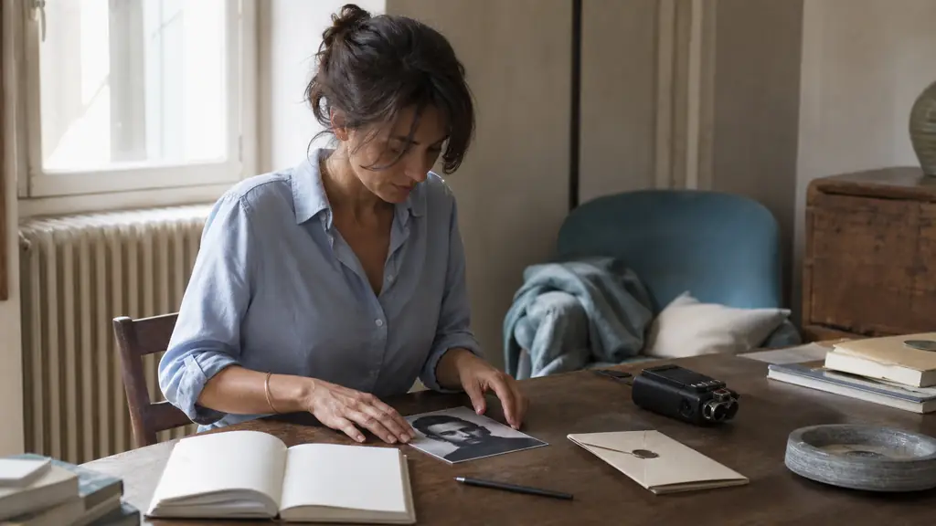 editorial photograph of a writer at a desk arranging a portrait photograph, a field audio recorder and a sealed letter beside an open notebook, no visible text or logos