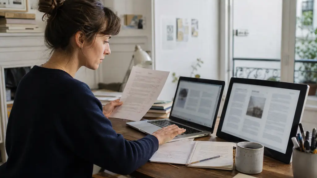 editorial photograph of a freelance writer comparing a product sheet on a laptop, a newsletter layout and a paper proof covered with correction marks, no readable text or logos