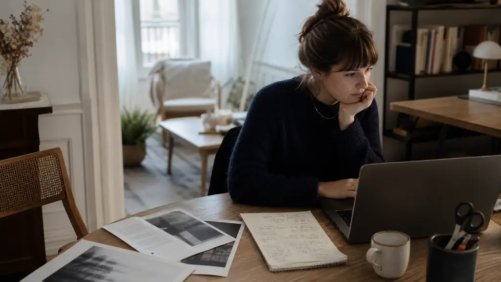 editorial photograph of an aspiring freelance writer reviewing a fictional brief on a laptop beside three printed writing samples and a handwritten newsletter calendar, no readable text or logos