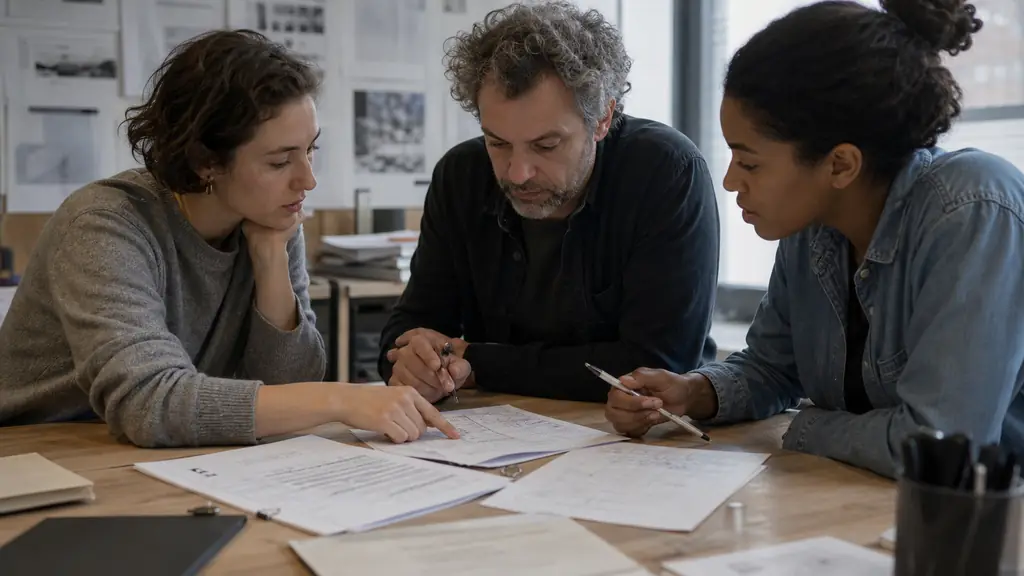 newspaper editorial team reviewing a printed article beside a marked-up contract clause and a school essay on a shared desk, natural office light, no text, no logo