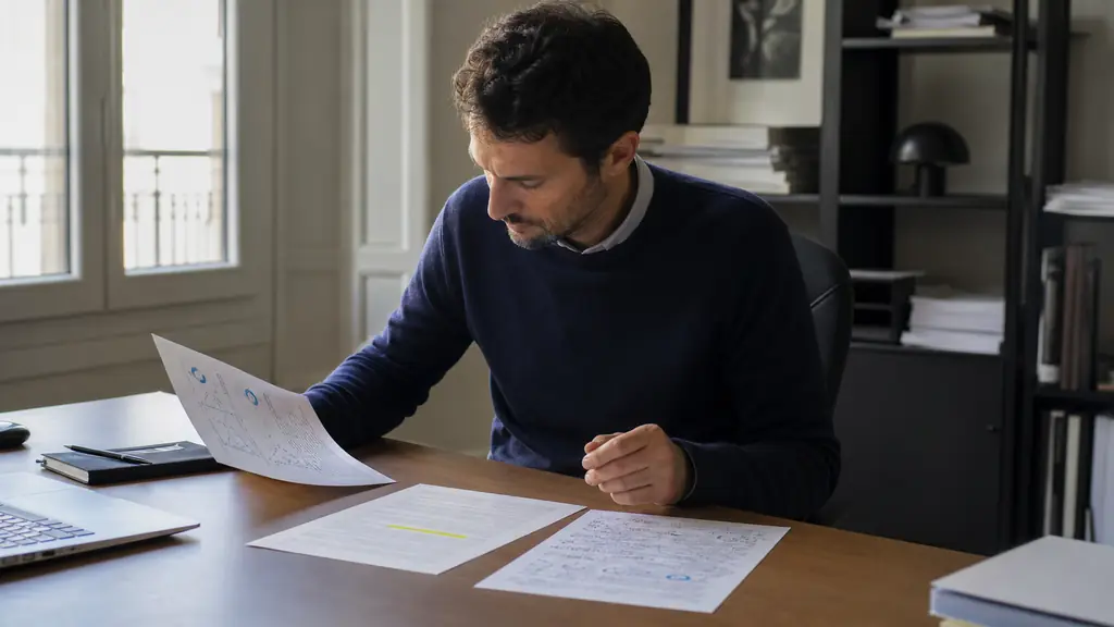 office employee comparing a printed client report, a highlighted contract clause and a school essay on a tidy desk, natural light, no text, no logo