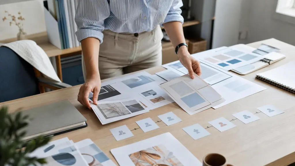 Editorial photograph of a content manager arranging printed mockups of a blog article, a product sheet and a newsletter beside customer journey cards on a desk, no visible text or logos
