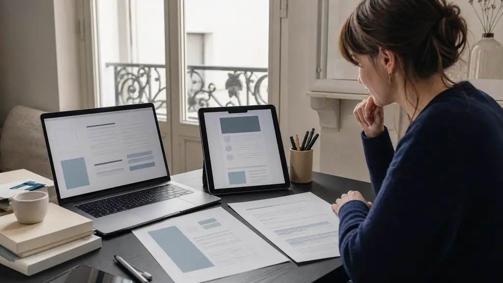 Editorial photograph of a web editor reviewing a product sheet, an email newsletter mockup and a podcast script arranged side by side on a desk, no visible text or logos