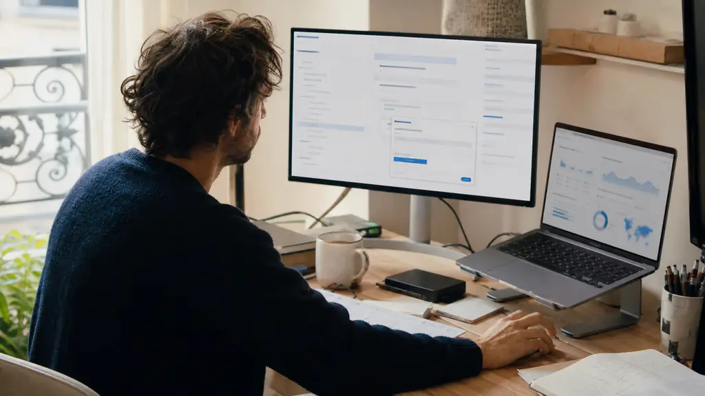 Editorial photograph of a freelance writer organizing H2 and H3 headings in WordPress, adding an internal link, with an analytics dashboard open beside the article draft, no visible text or logos