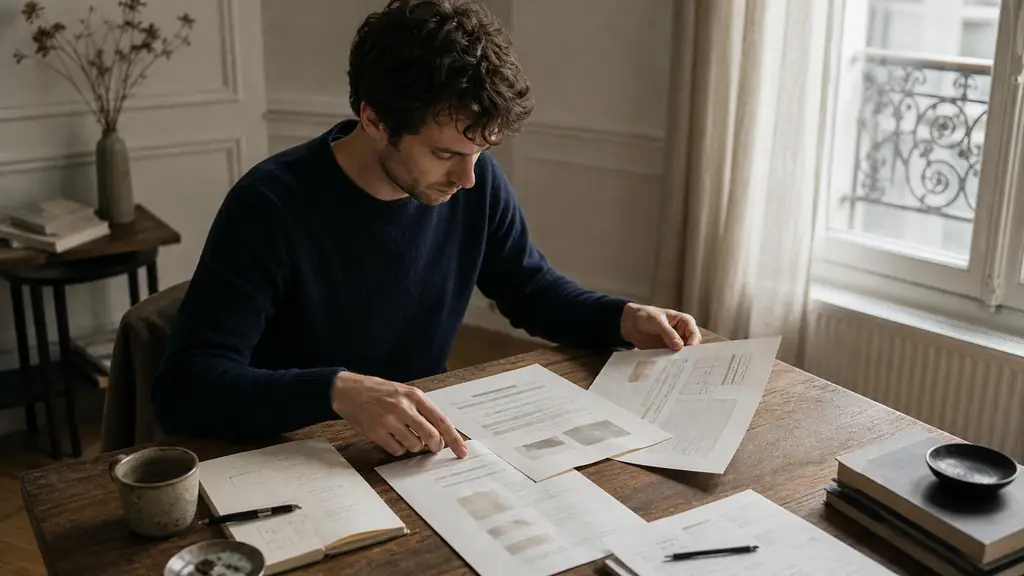 Editorial photograph of an aspiring freelance writer selecting three writing samples for a portfolio, with a niche planning notebook and pricing sheet on the desk, no visible text or logos