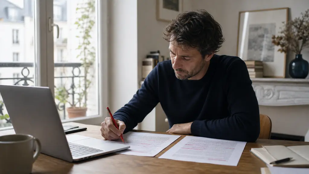 Editorial photograph of a writer comparing two printed drafts beside a laptop, highlighting repetitive passages with a red pencil, no readable text, no logo