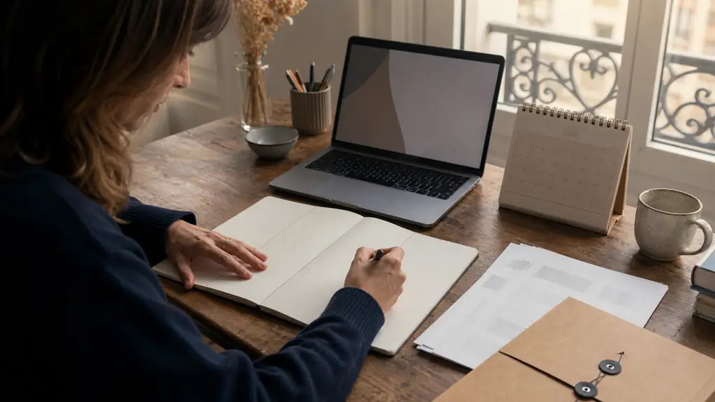 Editorial photograph of a freelance writer organizing a notebook into three columns beside a laptop, a client brief, a desk calendar and an invoice folder, no readable text, no logo