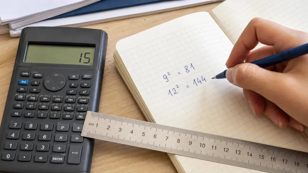 close-up photograph of a notebook showing a hand calculating the squares of 9 and 12 beside a calculator displaying 15, with a ruler in centimeters