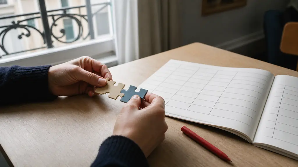 Editorial photograph of hands fitting two color-coded puzzle pieces together beside a red correction pen and an open blank conjugation grid, natural desk lighting, no text, no logo