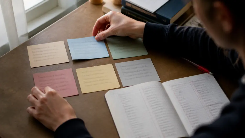 Editorial photograph of hands sorting six color-coded revision cards beside an open four-column conjugation notebook and a red correction pen, natural desk lighting, no legible text, no logo