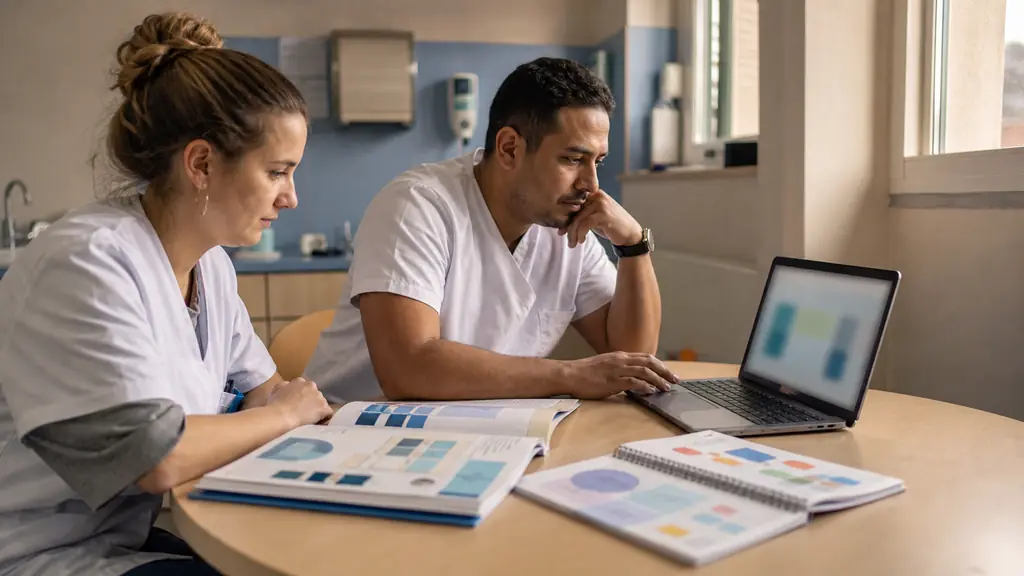 French hospital employee completing an online language exercise on a laptop beside a training notebook, with an adult learner and a primary school workbook visible nearby, editorial photography, no text, no logo