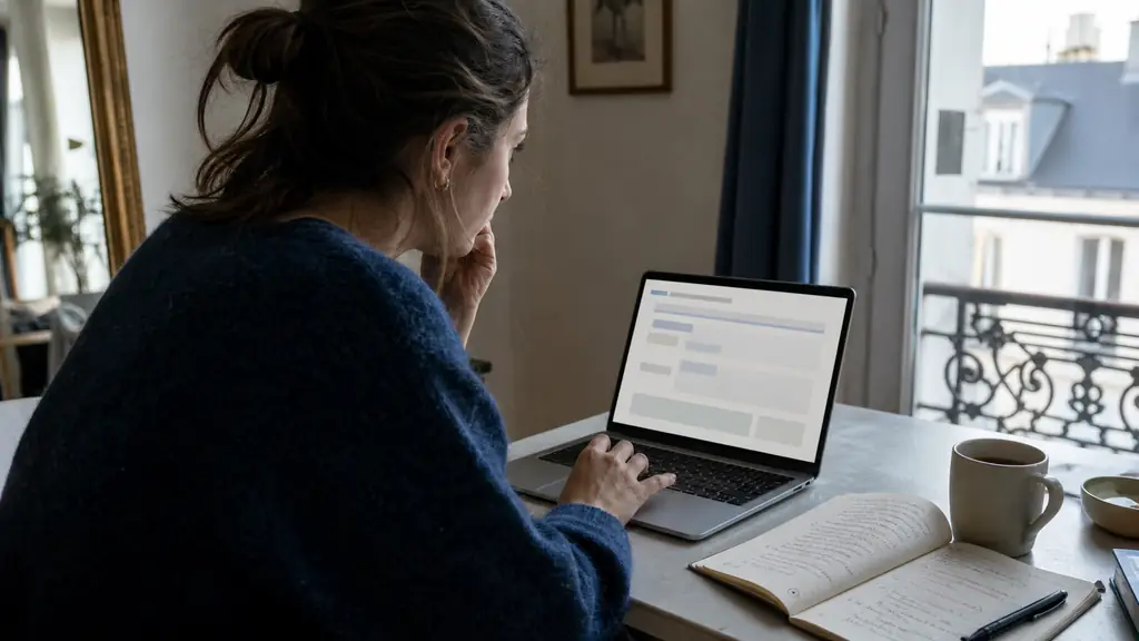 Adult learner answering a French infinitive versus past participle exercise on a laptop, with a correction notebook and handwritten grammar reminders beside the keyboard, editorial photography, no text, no logo